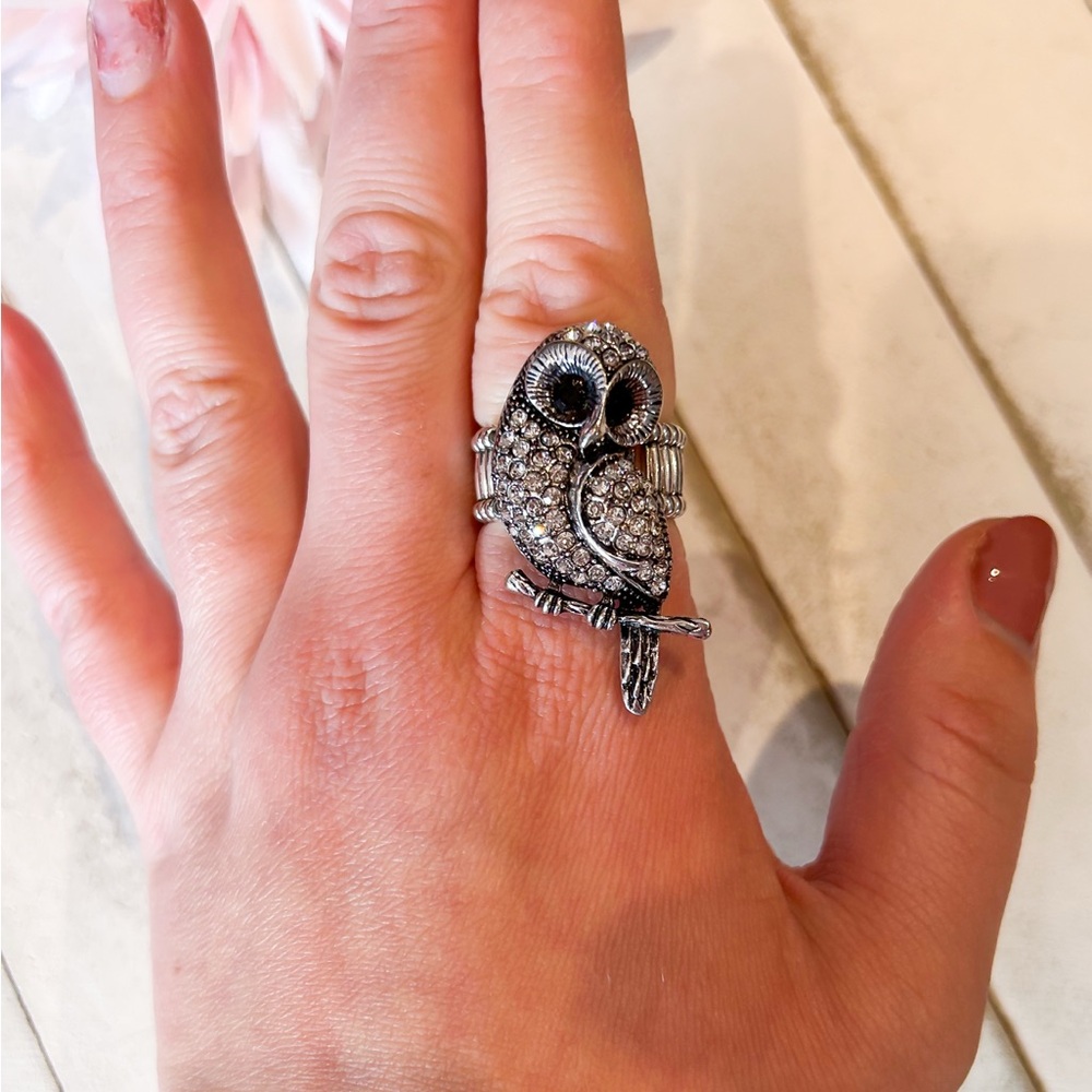 Silver Owl Statement Rhinestone Stretch Ring for Women